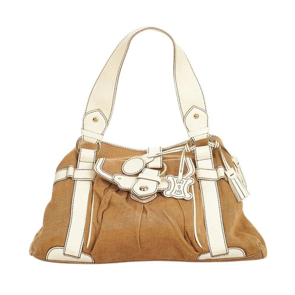 Celine Boogie Canvas Bag Olive Khaki Satchel Cream Leather Straps Medium